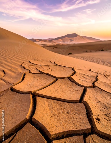 Dry desert landscape with cracked earth.