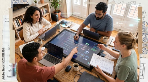 Overhead view of multiethnic team analyzing software code structures inside creative apartment