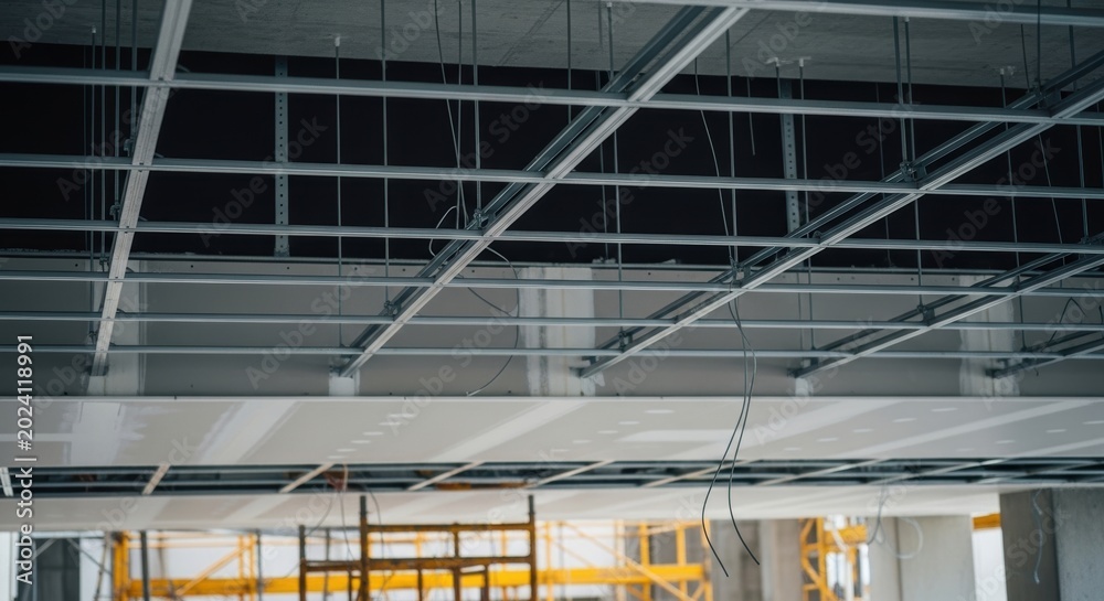 Obraz premium Ceiling framework installation with hanging wires in modern construction site