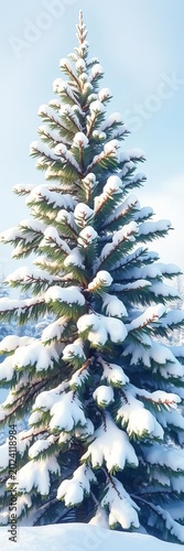Snow-covered fir tree with delicate watercolor details, blue, winter