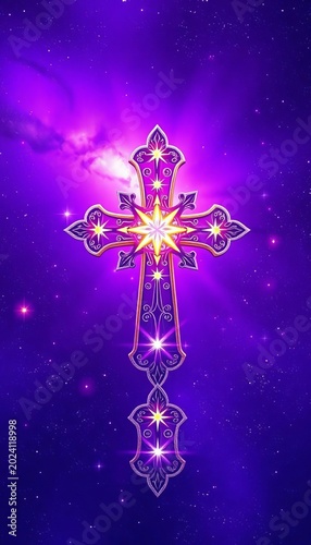 Star-filled ornate cross set against a vibrant purple galaxy background, symbolizing spiritual connection to the universe, Universe, Connection