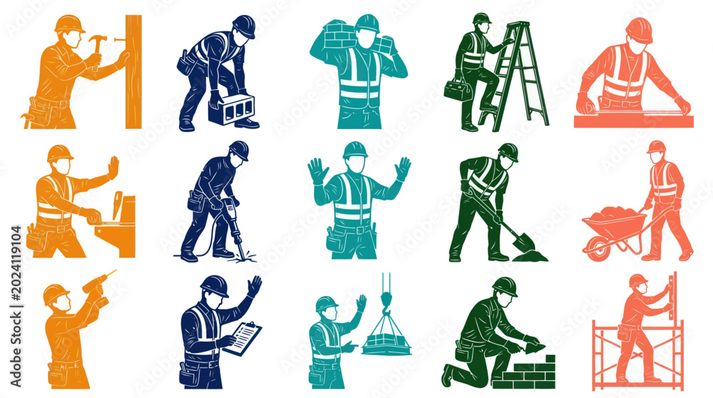 Obraz premium Construction Worker Icons: Builders, Tools, Safety Gear, Stock Vector Graphics