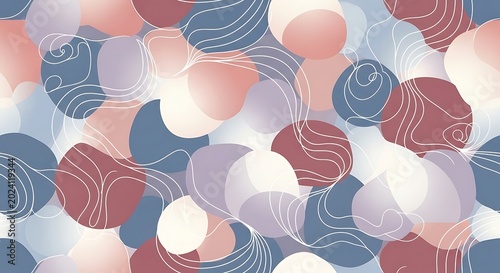 Abstract pattern with overlapping pastel circles and swirling white line art on a textured.