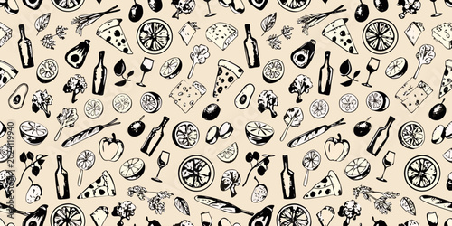 Tableau sur toile hand drawn italian food pattern seamless vector illustration