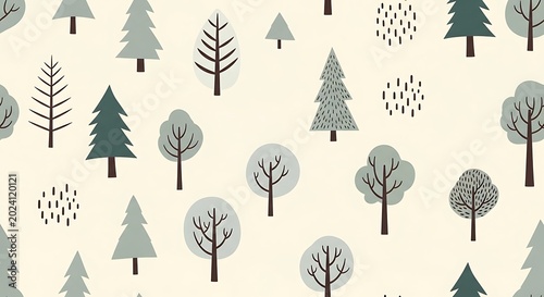 Whimsical pattern of varied evergreen and deciduous trees on a light beige background.