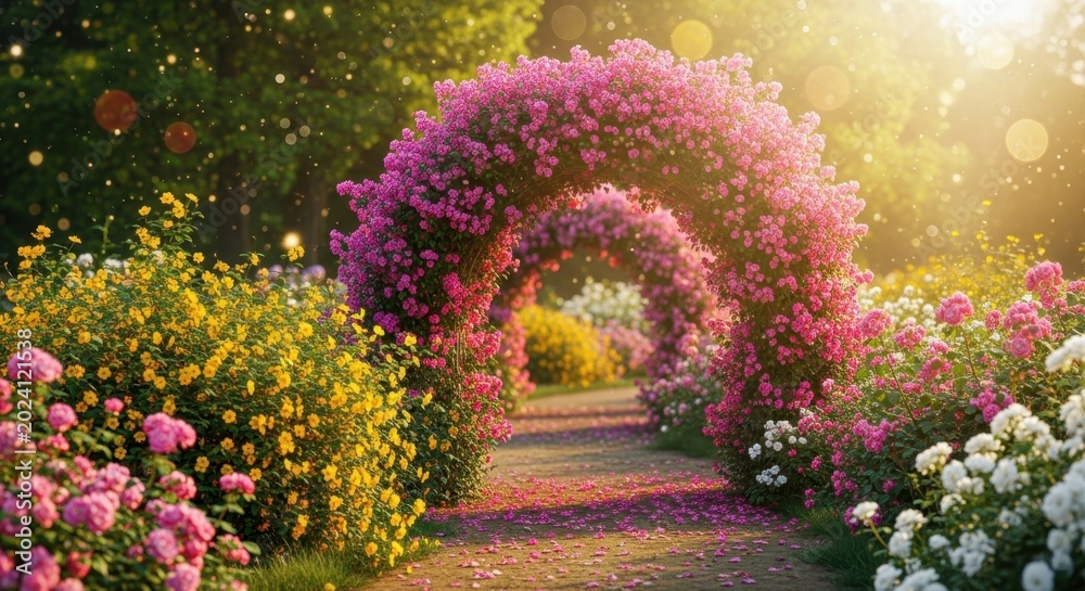 Obraz premium Enchanting Garden Path with Pink Rose Archway in Warm Sunlight.