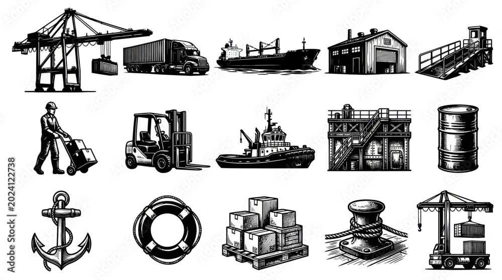 Obraz premium Vintage Black White Line Art Shipping Logistics Port Cargo Icons Collection