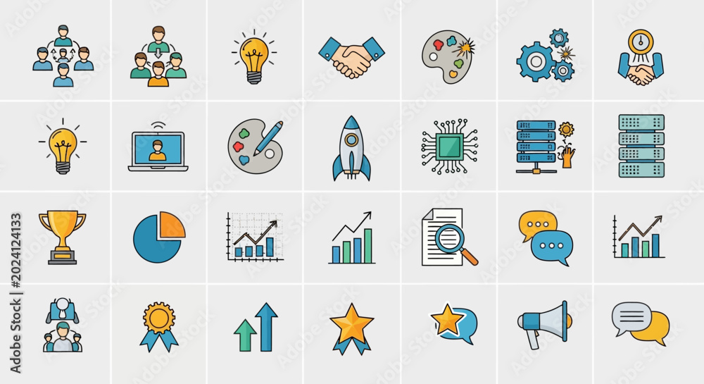 Obraz premium Business and Technology Icons Set: Innovation, Teamwork, Data Analysis, Success, and Communication