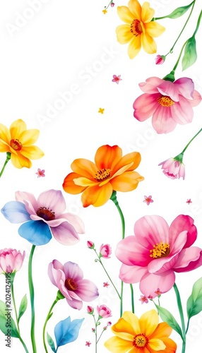 Colorful Watercolor Floral Border on White Background