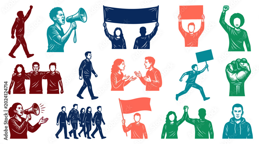 Naklejka premium Social Justice Protest and Activism Engraved Illustration Collection. People, Megaphones, Banners, Signs.