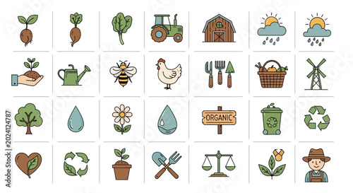 Bild auf Leinwand Farming and Agriculture Icons Set: Organic Food, Nature, Rural Life, Healthy Lif