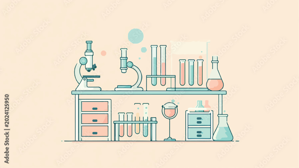Fototapeta premium Pastel Science Laboratory Workbench with Microscope Test Tube Flask and Chemistry Equipment Flat Design Illustration