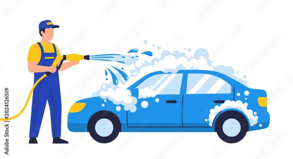 Naklejka premium Man washing blue car with soap and water, auto detailing, car wash service illustration