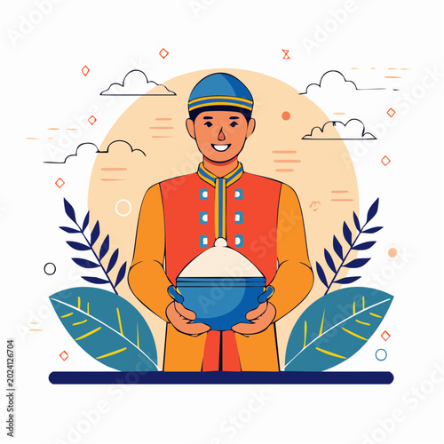 Man in Traditional Clothing Holding a Bowl of Food