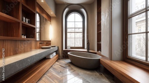 Luxurious modern bathroom features warm wood tones and natural light illuminating stone fixtures