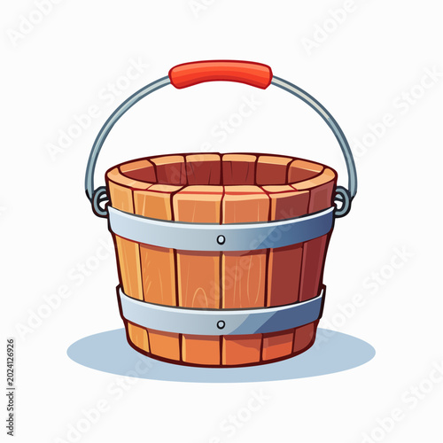 Wooden Bucket with Metal Bands and Red Handle