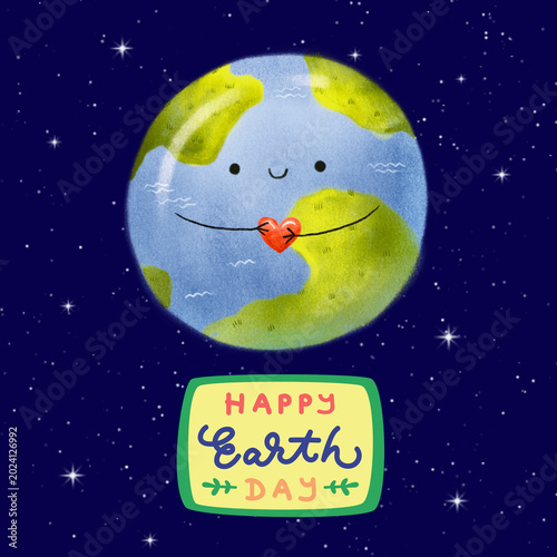 Cute Cartoon Earth Day Illustration with Heart.
