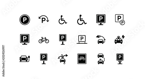 Schilderij op canvas Parking Icons Set: Car, Electric Vehicle, Bicycle, Disabled, and Reserved Parkin