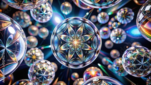 A Symphony of Iridescent Spheres Abstract Geometric Design Featuring Multifaceted Orbs in a Kaleidoscopic Array