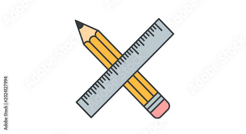 Crossed yellow pencil and wooden ruler icon, school and drafting tools vector illustration