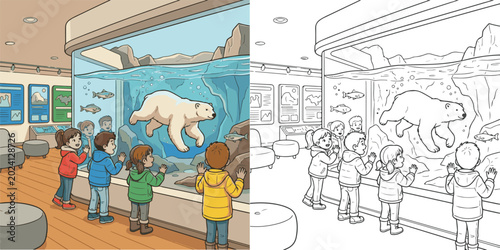 Obraz na płótnie children amazed polar bear swims visiting zoo cartoon clipart and lineart print