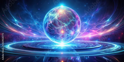 A luminous orb rests on a vibrant energy platform, surrounded by cosmic streams and swirling nebulae, creating an ethereal and otherworldly scene.
