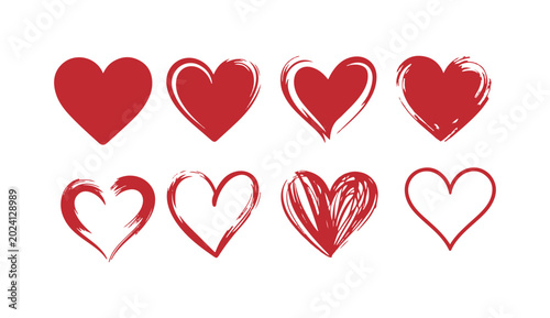 Tableau sur toile Red hand drawn heart set with grunge brush strokes and scribbled artistic textures for valentines