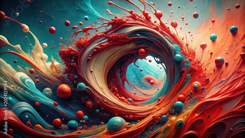 Abstract swirling vortex of vibrant hues and floating spheres, a mesmerizing display of dynamic color and texture