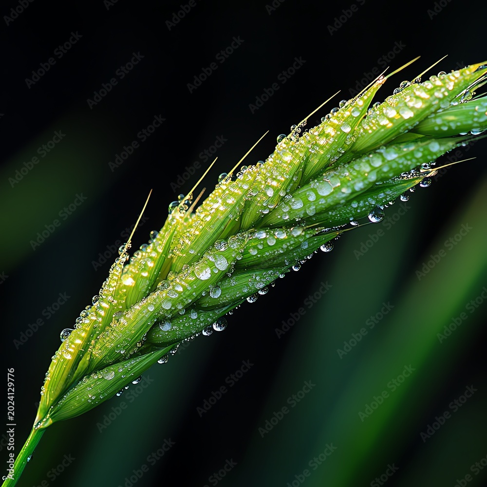 Fototapeta premium Close-up of a dewy green plant with water droplets, showcasing nature's beauty and freshness.