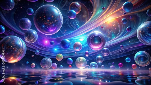 Celestial Spheres Reflecting in a Calm Cosmic Sea, A Universe of Infinite Possibilities and Vibrant Nebulae