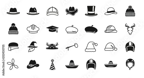 Collection of Diverse Headwear Icons: Hats, Caps, Beanies, Helmets, and More