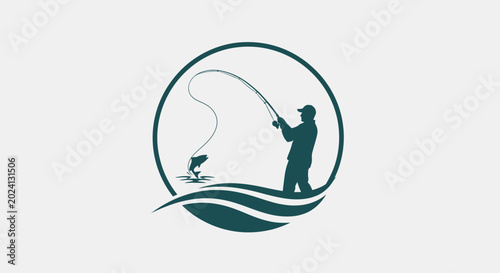 Cuadro en lienzo Fisherman silhouette catching jumping fish in circular wave emblem, outdoor hobb