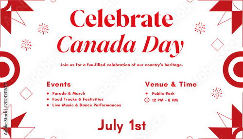 Cuadro en lienzo A festive red and white Canada Day celebration invitation poster with event details and geometric patterns