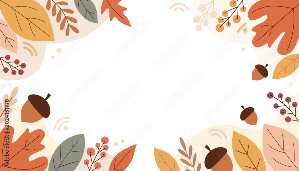 Fototapeta premium Autumnal Leaves and Berries Border with Acorns Frame for Seasonal Design
