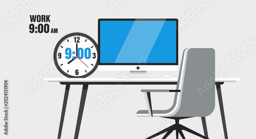 Canvastavla Workday start at 9 AM: Office desk with computer and clock, ready for business