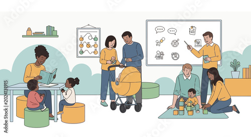 Foto Diverse families interacting in a bright, modern community center or co-working space