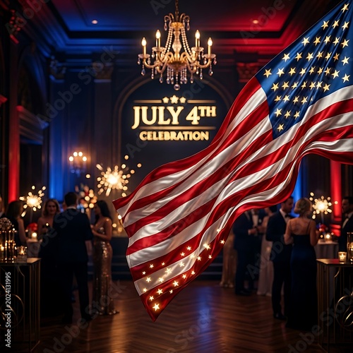 Elegant Fourth of July Celebration Interior with American Flag, Patriotic Party Decor and Festive Red White Blue Lighting