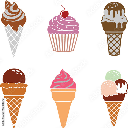 Cute pastel ice cream cone and cupcake vector collection with sweet dessert cartoon illustration style