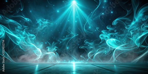 Ethereal Teal Nebulae Above a Reflective Surface An Abstract Cosmic Scene with Glowing Particles and Swirling Smoke