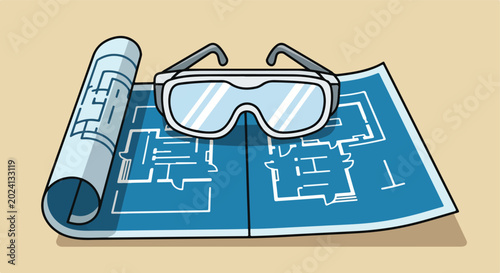 Safety glasses on a blue blueprint with floor plans, partially rolled up on beige