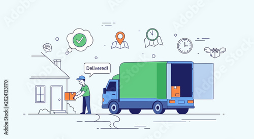 Obraz na plátně Delivery truck and courier delivering package to house, logistics concept, flat