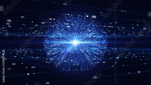 Futuristic blue neural network sphere emitting bright light particles. Perfect concept for artificial intelligence, quantum computing, digital cyberspace, and global data communication.