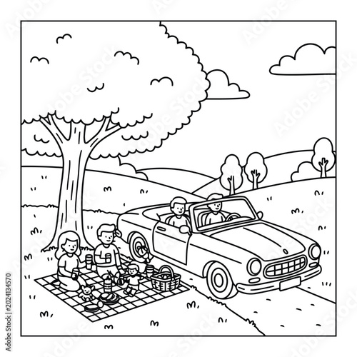 Konstfotografi Convertible parked on a grassy field near a family having a picnic under a tree