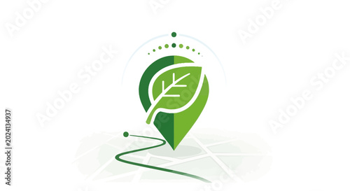Foto Green Leaf Location Pin Icon with Map and Dots, Eco-Friendly Navigation Concept