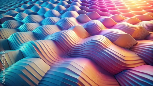 Abstract undulating layered forms in a vibrant spectrum of cool and warm hues