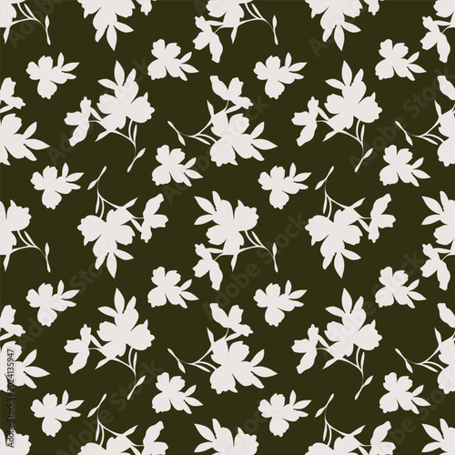 Seamless floral pattern, delicate ditsy print of wild plants in a vintage motif. Romantic botanical design of small hand drawn flowers, tiny twigs, leaves on a blue background. Vector illustration.
