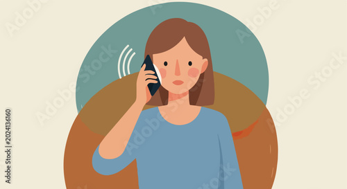 Stylized woman holds smartphone to ear, wavy lines suggest a call, abstract background
