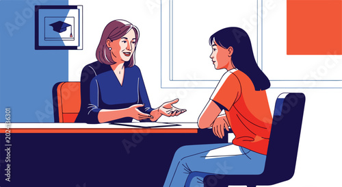 Two women discuss at a desk, graduation cap on wall; an educational advising session