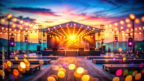 An Outdoor Stage at Sunset with Festive Lighting and Wooden Seating Areas