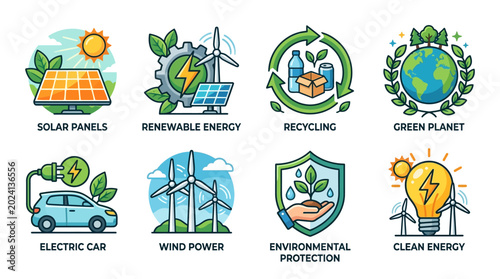 Photos Eco sustainability icons collection with solar panels, wind power, recycling, gr